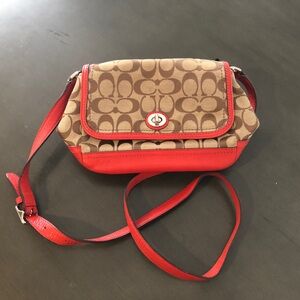 Vintage Coach Signature Tan and Red Crossbody Bag